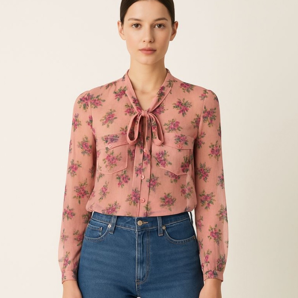 MSGM Pink Floral Silk Tie Neck Top Blouse size 4